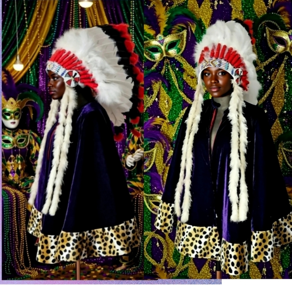 Mardi Gras Inspired Indian Suit Regal Cape With Feathered Headdress Unisex OS